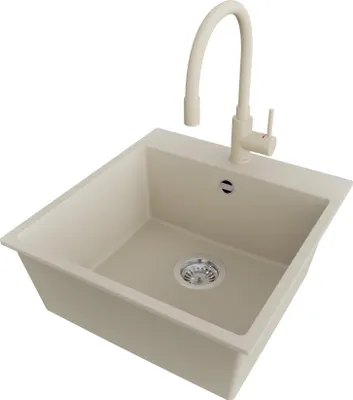 Produktbild von PRIMAGRAN Granitspüle Beige 48x50cm, Spülbecken 1 Becken + Küchenarmatur 38x14cm + Ablauf-Set, Küchenspüle ab 50er Unterschrank - Riga