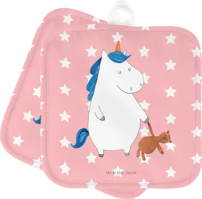 Produktbild von Mr. & Mrs. Panda Topflappen Einhorn Teddy - Rot Pastell - Geschenk, Einhörner, Unicorn, Bett, topfhalter, Topfuntersetzer, Single, Träumen, Set, Topflappenset, Gute Nacht