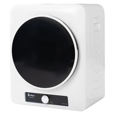 A white mini clothes dryer with a black circular door, shown from the front.