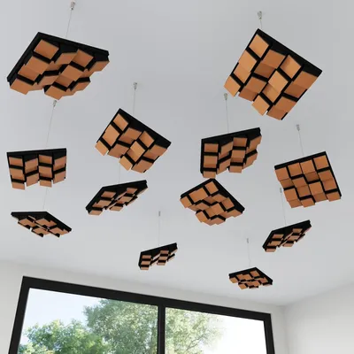 Obrázek produktu pro Sada 12 kusů – Nástěnný/stropní difuzor akustiky | 3D panely z HDF s montážní sadou | Moderní design pro zlepšení akustiky | 23 x 23 cm | ZARINITY | Třešeň