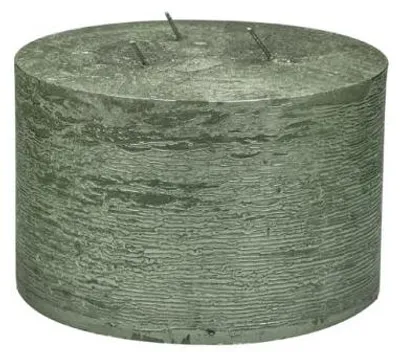 Image de Bougie décorative Stumpenkerze, diamètre 15 cm, hauteur 10 cm, couleur vert métallisé, durée de combustion d'environ 90 heures.