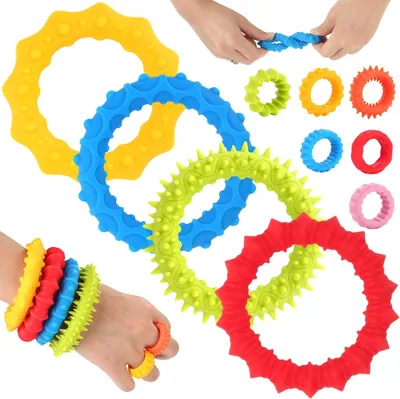 Produktbild von 10 Stück Fidget Toys, 4 Stück Fidget Armband und 6 Stück Anti Stress Ring, Sensorisches Spielzeug, Anxiety Ring, Anti Stress Armband für Kinder Erwach