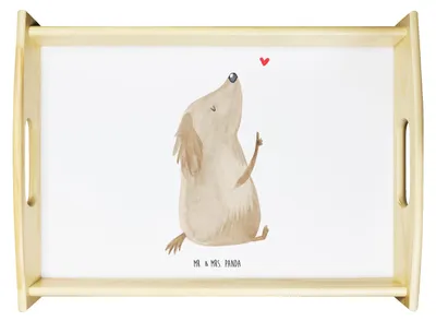 Produktbild von Mr. & Mrs. Panda Tablett Hund Liebe - Weiß - Geschenk, Serviertablett, Süß, Hunde, für bett, Sprüche, Herz, sofatablett, Holztablett, Deko