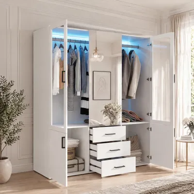 Produktbild von INONEFT Kleiderschrank mit Spiegel, Moderne Garderobenschrank 2-türig mit 4 Schubladen, Schrank für Schlafzimmer, Jugendzimmer, 130x180x51,8 cm, Weiß
