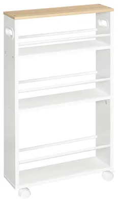 Image de Chariot de cuisine mobile avec 4 étagères, chariot de service étroit, 45 x 15 x 80 cm, étagère de cuisine avec roulettes pivotantes à 360° et rails, pour la cuisine, la salle de bains, le salon, blanc et bois naturel EWN15TC01