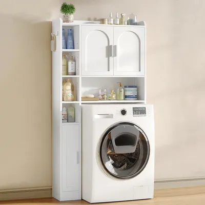 Produktbild von Fobyfurny Waschmaschinenschrank mit 3 Türen, Verstellbare Ablagen Waschmaschinenregal mit 5 offenen Fächern, für Badezimmer, Toilette und Waschküche