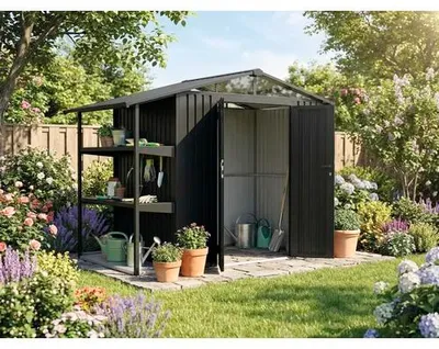 Produktbild von Metallgerätehaus Konsta mit Regalanbau 295 x 232 x 220 cm anthrazit