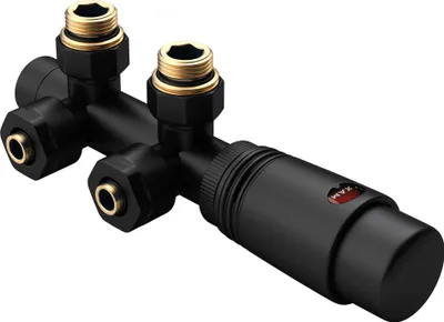 A black radiator connection valve with gold fittings against a white background.