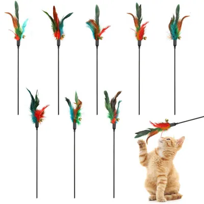 Produktbild von Katzenspielzeug Federn mit Glocken, 8 Stück, Bunte Naturfedern, 40cm