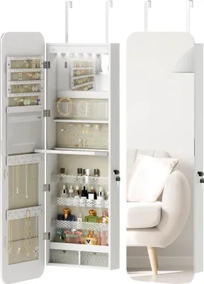 Obrázek produktu pro Šperkovnice se zrcadlem – montáž na zeď nebo dveře – LED osvětlení – zámek – celotělové zrcadlo – 2 zásuvky – 37 × 10 × 120 cm – bílá