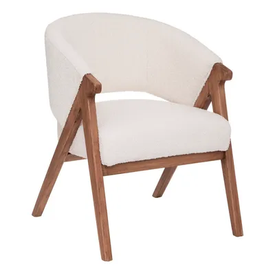 A white, fluffy armchair with wooden legs, presented against a white background.