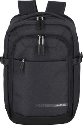 A black backpack is shown from the front.