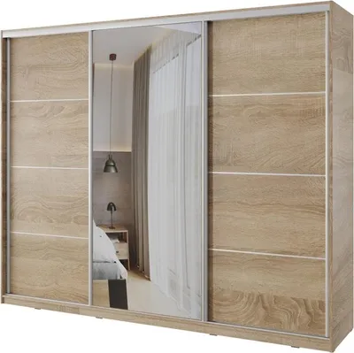 Obrázek produktu pro Šatní skříň NEJBY BARNABA 250 cm s posuvnými dveřmi,zrcadlem,4 šuplíky a 2 šatními tyčemi,dub sonoma