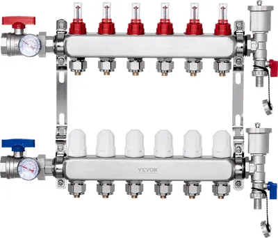 Produktbild von VEVOR 6-Zweig-Wärmeverteilungsverteiler, 1/2-Zoll-PEX-Rohrverteiler, Edelstahl-PEX-Verteiler für hydronische Fußbodenheizung, Wärmeverteilungs-PEX-Verteilersatz  im Lieferumfang enthalten