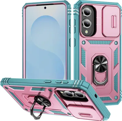 Image de Etui pour Samsung Galaxy S25 Edge protection coulissante de l'appareil photo, résistant aux chocs, avec porte-anneau, support et porte-cartes vert rose