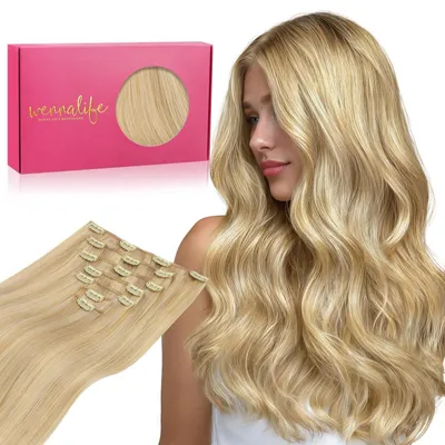 Produktbild von Clip in Extensions Echthaar 50cm 120g 7tlg Hellblond Highlights Goldblond Remy