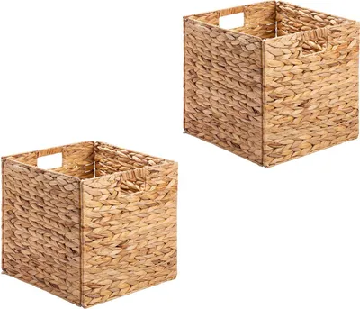 Produktbild von Korb CAO 2er Set 32x32 cm, natur - Handgefertigte Körbe aus Wasserhyazinthe, faltbar mit robusten Griffen. Vielseitig für Schlafzimmer, Büro, Wohnzimmer. Praktisch & Dekorativ, Regalkorb, Aufbewahrung