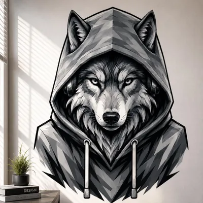 Immagine prodotto di Decords, Adesivo da parete – Lupo con felpa con cappuccio, bianco e nero, 40 cm