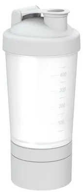 Obrázok produktu pre Šejker 400 ml "Protein" Pro 2 - Fitness šejker na proteínové a športové nápoje - Šejker do posilňovne s vyberateľným sitkom a dvoma vyberateľnými komorami - priehľadný/biely