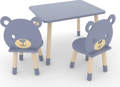 Produktbild von DEKORMANDA – Kindertisch mit Stuhl – Möbel für ein Kinderzimmer – ein Stuhl in Teddybärform für kleine Tierliebhaber – grauer Kindertisch 65 x 50 cm mit 2 Stühlen – ein Set aus einem Tisch und zwei Stühlen für Kinder, perfekt zum Lernen und spielen