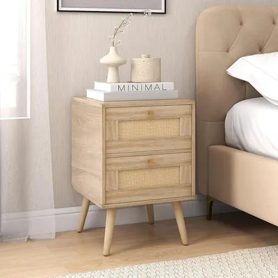 Imagen del producto de Mesita de noche de ratán, juego de 2 unidades, mesita de noche con 2 cajones y patas de madera maciza, mesa auxiliar, mesita de noche de estilo bohemio, mesa auxiliar para dormitorio o salón, 40 x 40 x 59 cm, color natural