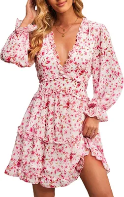 Image de ASKSA Femme Mousseline Robe dos nu Elegant Col V A-Line Flora Mini-robe de plage Robe fleurie, Rose, M