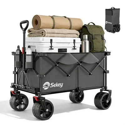 Produktbild von Sekey XXL Plus Bollerwagen Faltbar mit Extra Breite Räder, Faltbollerwagen belastbar 200kg Handwagen Klappbar Transportwagen, Grau