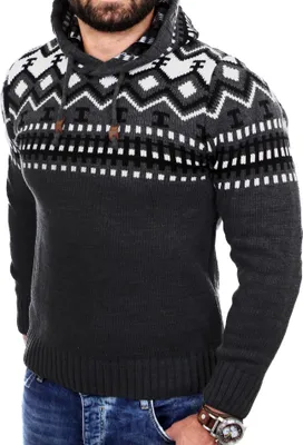 Produktbild von Reslad Herren Grobstrick Pullover Norweger Winter Kapuzenpullover RS-3013 Dunkelgrau XL