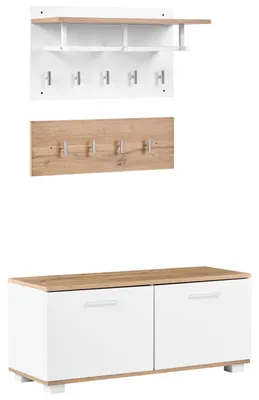 Produktbild von BELIANI Garderoben Set Hellbraun u. Weiß MDF mit Schuhbank und Kleiderhaken für Flur Eingangsbereich