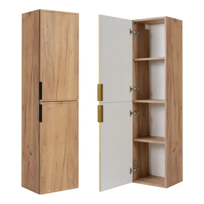 A tall, narrow cabinet with two doors, shown both closed and open, revealing shelves inside. The cabinet has a wood-grain finish.