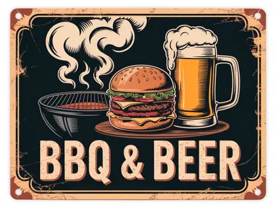 Produktbild von Burger und Bier Metallschild in 15x20 cm BBQ und Beer Vintage