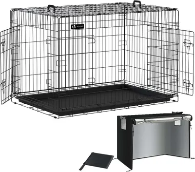 A black wire dog crate with a black plastic tray is shown against a white background. A smaller black accessory, possibly a cover or mat, is placed in the foreground.
