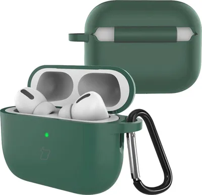 A dark green silicone case for AirPods Pro 3 with a carabiner clip, shown open with the earbuds inside. Another case is shown closed in the background.