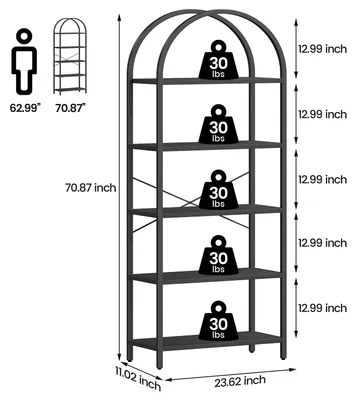 Produktbild von Modernes bogenförmiges Bücherregal - 5-stöckiges Standregal - Hoher Metallrahmen - Offene Holzregale - Für Wohnzimmer Büro Schlafzimmer - Schwarz