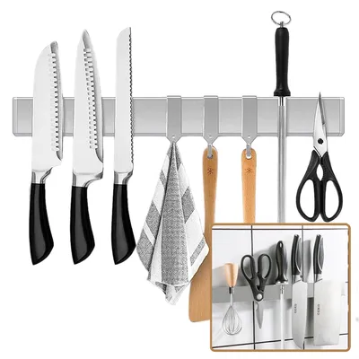 Immagine prodotto di Barra magnetica da 50 cm - Portacoltelli magnetico - Supporto da parete - Autoadesivo - Acciaio inossidabile - Con 3 ganci