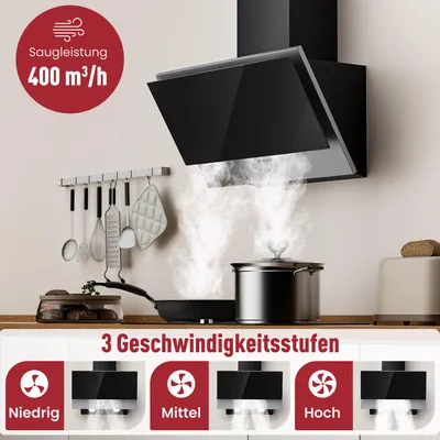 Image de Hotte aspirante sans cadre LEVIVO A+++ 60 cm en mode recyclage & évacuation avec débit d’air de 400 m³/h, hotte avec 2 filtres à charbon actif, 1 filtre à graisse, 3 niveaux