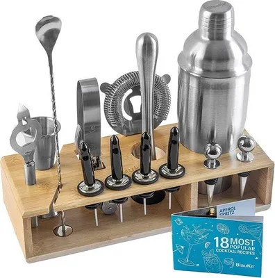 Image de Kit de mixologie 17 pièces - Set de bar avec shaker à martini et pilon - Métal, 17 pièces, set à cocktails.