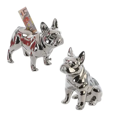 Produktbild von Gilde Spardose Bulli, 2er Set, Bulldoge, Sparschwein, Sparbüchse, Hund, Porzellan, Silberfarben, 15724