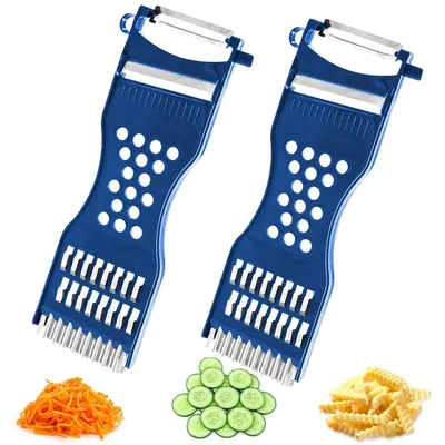 Produktbild von 2er Set Multischneider & Gemüsehobel,Multifunktionaler Allescutter für die Küche,Schäler, Raspel & Reibe für Kartoffeln, Karotten & Obst,Robustes PP-Material,Blau