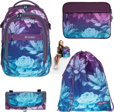 Produktbild von Rucksack mit Laptophülle Mädchen 4 Teile Set Bestway Evolution Packer Schulmappe Rucksack Schultasche Tasche 40177-5821 Sportbeutel, Mäppchen und Laptp Tablet Sleeve Hülle Dark Flower Lila +rsm lh