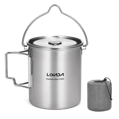 Immagine prodotto di pentola in acciaio inox da 750 ml, tazza d'acqua portatile con coperchio e manico pieghevole, per campeggio all'aperto, cucina, picnic