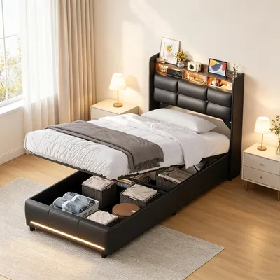 Productafbeelding van INONEFT Gestoffeerd bed 90x200 met LED-verlichting en USB/C/stopcontacten. Jugendbed, eenpersoonsbed met lattenbodem. Bedframe voor volwassenen, bekleed met PU, zwart