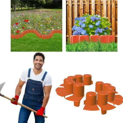 Produktbild von Anwicar Rasenkante Garten Palisade - Beeteinfassung aus wetterfestem Kunststoff - flexibel & langlebig - 5er-Set (2m) - einfache Montage - Ziegel