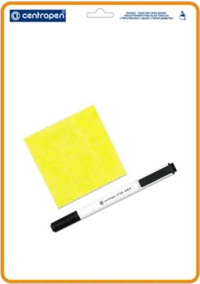 A white dry-erase marker and a yellow cleaning cloth are placed on a white background, with the Centropen logo visible at the top.