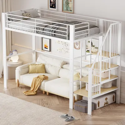 Produktbild von MODFU Jugendbett 90x200 cm mit Stauraum,Hochbett mit integrierter Treppe,Bettgestell Stauraumbett-Design zur optimalen Nutzung des Raums,Weiß,Mit Matratze