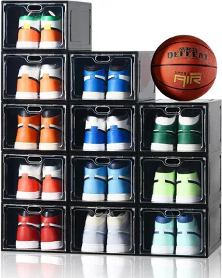 Produktbild von Schuhaufbewahrungsboxen 12 Stück, groß transparent mit Magnettür, für Sneakers bis Größe 45, schwarz, für