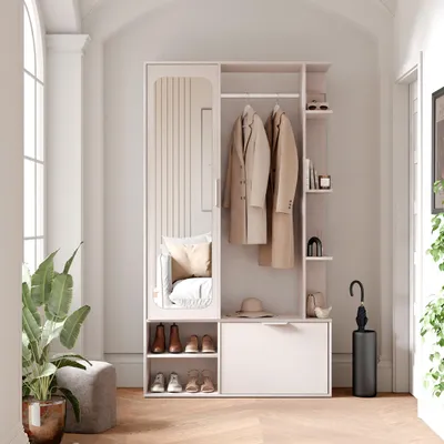 Produktbild von Garderobe mit Spiegel ELIOR links, Cashmere, moderner Flurschrank mit Stauraum, Kleiderstange und Ablagen