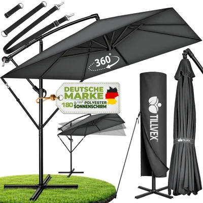 Produktbild von tillvex® Alu Sonnenschirm Rechteckig Ø 330 cm Anthrazit + Abdeckung mit Kurbel | Ampelschirm Eckig mit Ständer & Windschutz | Gartenschirm UV-Schutz Aluminium | Kurbelschirm Marktschirm wasserdicht 360° drehbar