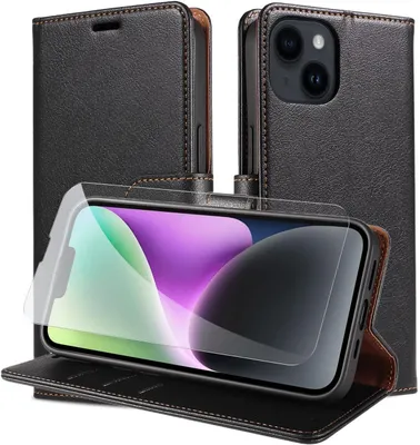 Image de Étui rabattable pour iPhone 14, couleur noire, en cuir PU, avec protection en verre trempé