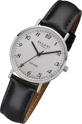 A close-up studio shot of a wristwatch with a white face and black leather strap.